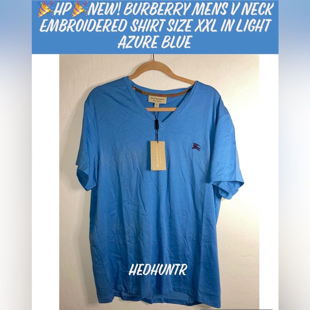 🎉HP🎉New! Burberry Mens V Neck Embroidered Shirt Size XXL m Light Azure Blue👕